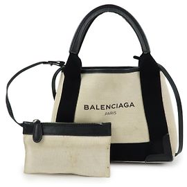 BALENCIAGA Navy Cabas XS Canvas Leather 2WAY Bag Ivory 390346