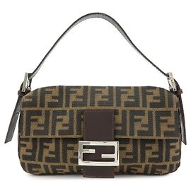 FENDI Mamma Baguette Zucca Canvas Leather Shoulder Bag Brown 26424