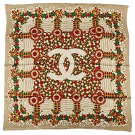 Sciarpa CHANEL COCO Mark Silk100% Fantasia Gioielli Marrone Rosso