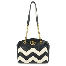 Sac à épaule en cuir avec chaîne GUCCI GG Marmont Double G Noir Blanc 443501