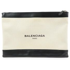 BALENCIAGA Navy Clip M Pochette in tela e pelle Natural Black 373834