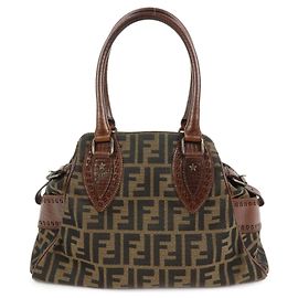 FENDI Etnico Zucca Canvas Leather Tote Bag Shoulder Bag Brown 8BN157