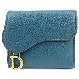 Portafoglio compatto tri-fold in pelle Saddle Christian Dior Blu