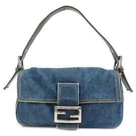 FENDI Mamma Baguette Schultertasche aus Denim-Leder Blau 26424