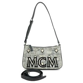 Bolsa 2Way MCM Visetos Jacquard Canvas Leather Bolsa de Ombro Cinza Preto