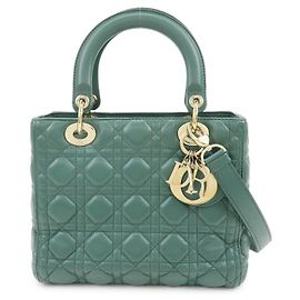 Christian Dior Lady Dior Cannage Lamb Skin 2Way Bag Hand Bag Green