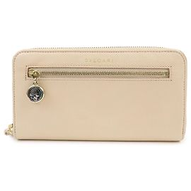 Bulgari BVLGARI Logo Leather Round Zippy Long Wallet Pink Beige