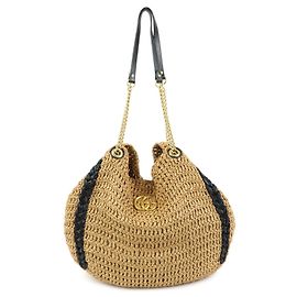 GUCCI GG Borsa Tote in Pelle e Paglia Borsa a Tracolla Natural Black 574431