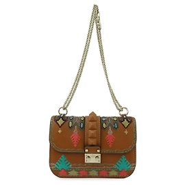 Borsa a tracolla in pelle con catena e ricami VALENTINO Glam Lock Marrone