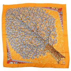 Hermès HERMES Carre 90 Lenço 100% Seda AXIS MUNDI Laranja Azul Castanho