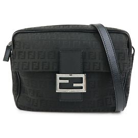 FENDI Zucchino Jacquard Canvas Leder Schultertasche Schwarz 8BT117