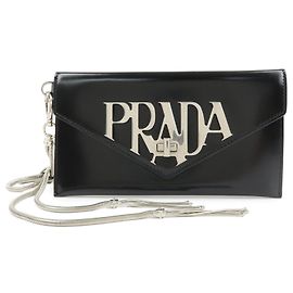 PRADA Spazzolato Leder Briefumschlag Ketten-Clutch Lange Geldbörse Schwarz 1MF175