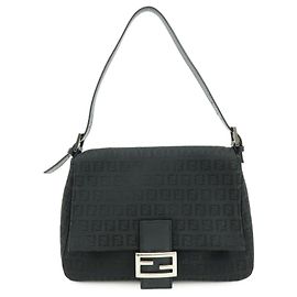 FENDI Zucchino Mamma Baguette Borsa a tracolla in tela e pelle Nera 8BR001