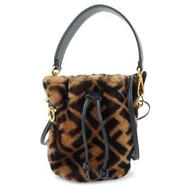 FENDI Zucca Mon Tresor Mouton Leather 2Way Hand Bag Brown Black 8BS010