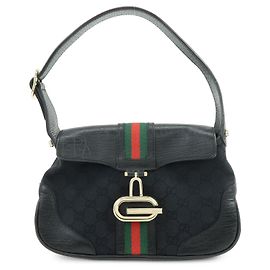 GUCCI Sherry GG Canvas Leather Shoulder Bag Hand Bag Black 130846
