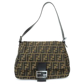 FENDI Borsa a spalla Mamma Baguette in tela Zucca e pelle Marrone 8BR001