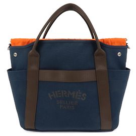 Hermès HERMES Sac de Pansage Groom Canvas 2Way Tote Hand Bag Navy Brown