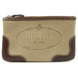 PRADA Logo Jacquard Leder-Kosmetiktasche Beige Brown
