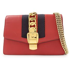 GUCCI Sylvie Sherry Mini Schultertasche aus Leder mit Kette Rot und Navy 494646