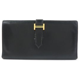 Hermès HERMES Cartera larga bi-fold de piel Bearn □I Stamped Black Gold