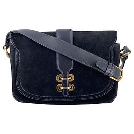 Gucci Sac à épaule vintage en daim et cuir bleu marine foncé avec ferrures dorées