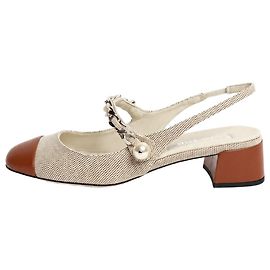 Miu Miu Slingback-Pumps aus neutralem und braunem Canvas mit Kette und Perlen - Größe EU 37.5