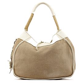 Miu Miu Bolso de hombro de lona beige con apliques florales