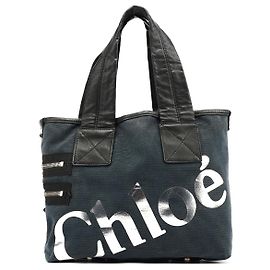Chloé Borsa Tote in Tela Navy con Logo Argento