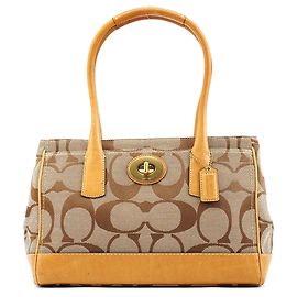 Coach Borsa Tote F12463 Beige Tan Signature Canvas con Chiusura Turnlock