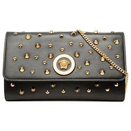 Pochette Versace Palazzo Medusa en cuir de veau Vitello noir clouté avec chaîne