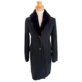 Jil Sander schwarzer Wollmantel mit Pelzkragen