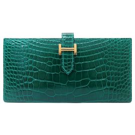 Hermès NUOVO PORTAFOGLIO HERMES BEARN IN PELLE DI COCCODRILLO ALLIGATOR VERT WALLET