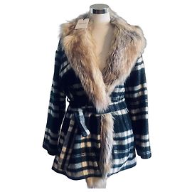 Autre Marque Annarita N Wollmantel Tartan mit Kunstpelzkragen