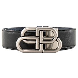BALENCIAGA - Ceinture réversible BB Balenciaga en cuir grainé bleu et noir (T95)