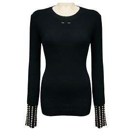 Barbara Bui Rundhals-Pullover aus Wollstrick in Schwarz mit silbernen Nieten