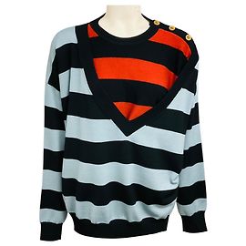 Sonia Rykiel Asymmetrischer mehrschichtiger Wollstrickpullover mit mehrfarbigen Streifen in Hellblau / Schwarz