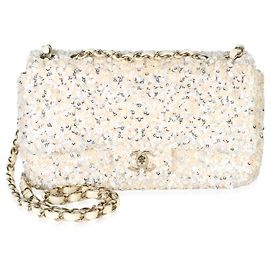 Borsa Chanel Small Single Flap in paillettes argento e crema