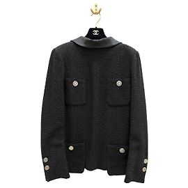 CHANEL FR 44 Jacke aus schwarzem Tweed & Seide, gebraucht