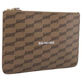 Balenciaga BB Monogram Clutch Bag PVC Leather Beige Gold 702627