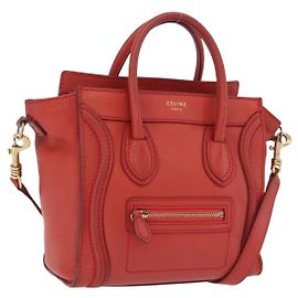 Céline CELINE Luggage Nano Shopper Hand Bag Leather 2way Red Gold