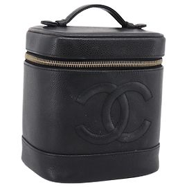 CHANEL Vanity Hand Bag Caviar Skin Black Gold CC