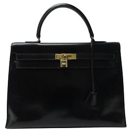 Hermès BORSA A MANO VINTAGE HERMES KELLY 35 SELLIER IN PELLE BOX NOIR