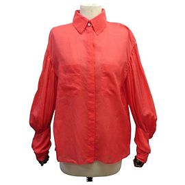 NUOVA BLUSA CHANEL ROSSA IN VOILE DI COTONE 42 L MANICHE A SBUFFO CAMICIA