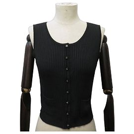 TOP CHANEL ALÇA LARGA 38 M EM MALHA CANELADA BOTÕES LOGO CC LAGERFELD TOP