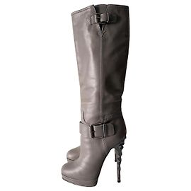 Casadei Botas altas de piel gris con tacón geométrico