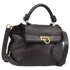 Salvatore Ferragamo Hand Bag Leather 2way Brown Gold