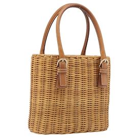 Salvatore Ferragamo Gancini Hand Bag Straw Beige Gold Tone