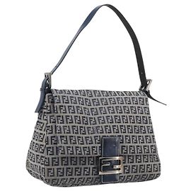 FENDI Zucchino Canvas Mamma Baguette Shoulder Bag Navy Silver 26325