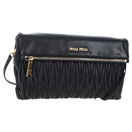 Miu Miu Matelasse Shoulder Bag Leather Black Gold Tone