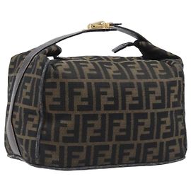 FENDI Zucca Canvas Vanity Cosmetic Pouch Brown Gold Tone